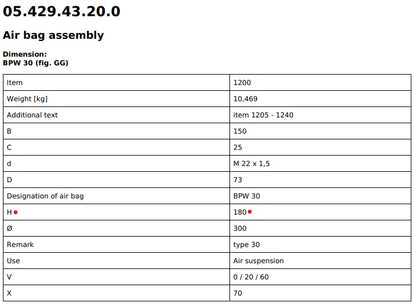 BPW Air Suspension Air Bag 30k 05.429.43.20.0